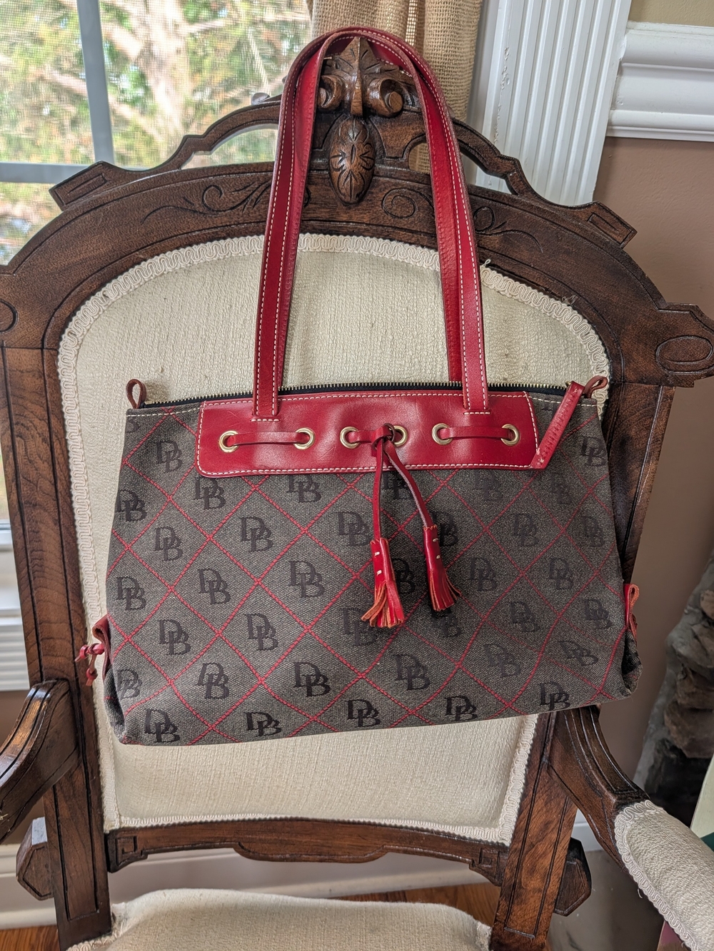 Dooney & Bourke Brown Monogram Tote with Red Trim